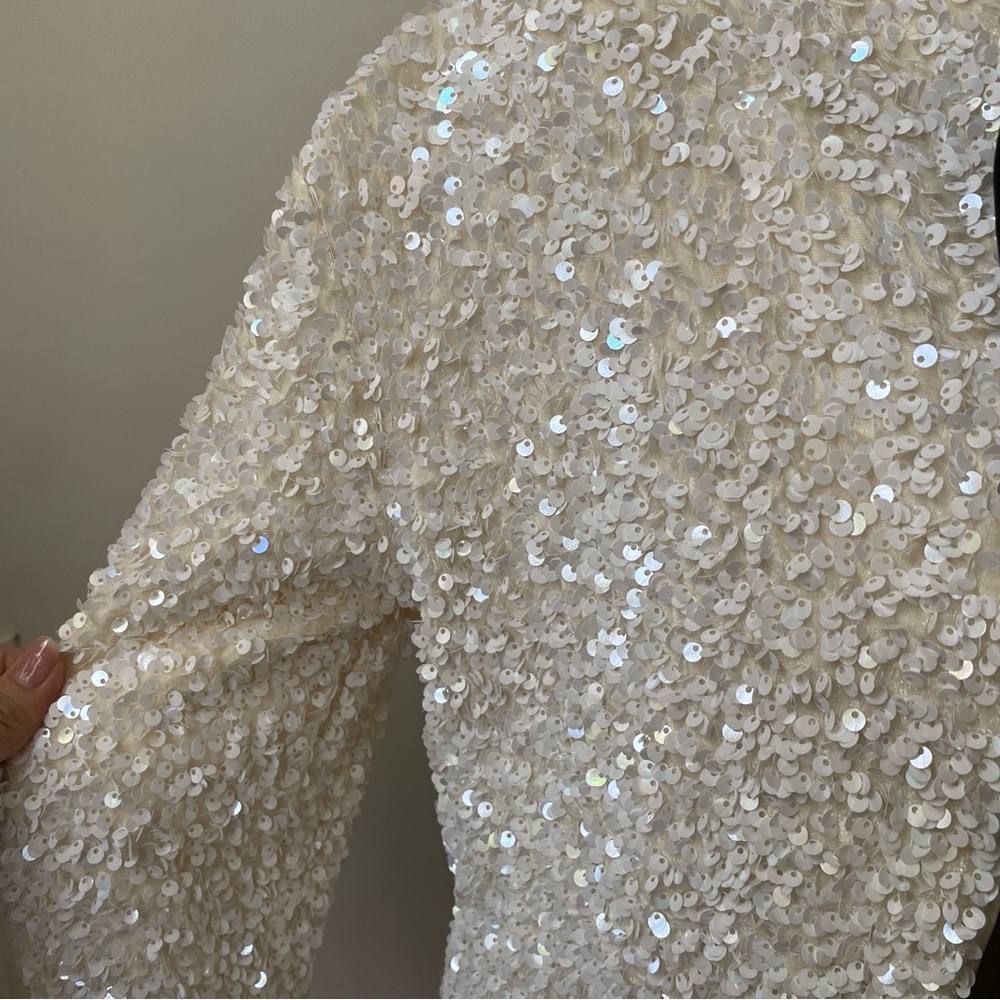 H&M Ivory Sequin Cropped Jacket with Black Bow Ties - Picture 3 of 10